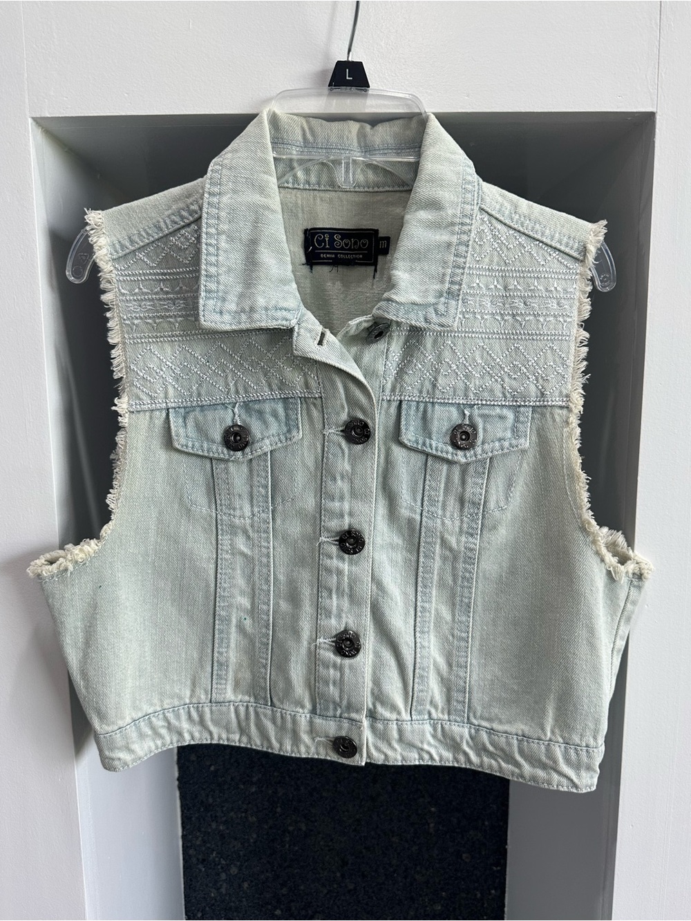 Ci Sono Pale Blue Embroidered Denim Vest